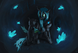 Size: 2000x1362 | Tagged: safe, artist:hieronymuswhite, queen chrysalis, changeling, changeling queen, g4, cave, female, mommy chrissy, sitting