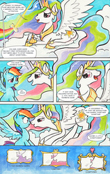 Size: 1425x2250 | Tagged: safe, artist:kittyhawk-contrail, princess celestia, rainbow dash, pegasus, pony, g4, comic, dashlestia, female, kiss on the lips, kissing, lesbian, mare, parody, shipping, shrunken pupils, surprised, traditional art