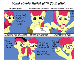 Size: 1600x1300 | Tagged: safe, artist:varemia, apple bloom, earth pony, pony, g4, cape, clothes, cmc cape, dialogue, doing loving things, female, filly, looking at you, love, mare, meme, older, older apple bloom, open mouth, talking to viewer, waifu
