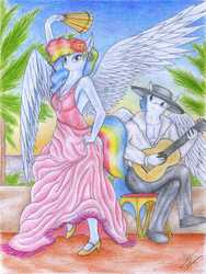 Size: 2467x3277 | Tagged: safe, artist:sinaherib, rainbow dash, soarin', anthro, g4, breasts, cleavage, clothes, dancing, dress, duo, female, guitar, high res, male, ship:soarindash, shipping, straight, traditional art