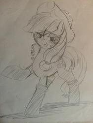 Size: 768x1024 | Tagged: safe, artist:wonton soup, applejack, g4, fireproof boots, grayscale, monochrome