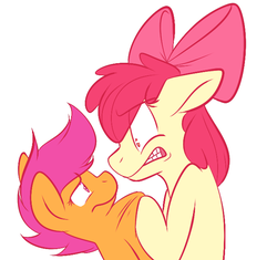 Size: 655x617 | Tagged: safe, artist:fizzy-dog, apple bloom, scootaloo, g4, angry, grabbing