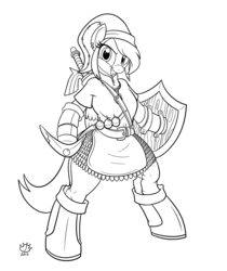 Size: 1642x1957 | Tagged: safe, artist:badgerben, anthro, unguligrade anthro, arm hooves, boomerang, boots, female, hylian shield, link, master sword, monochrome, nintendo, ponified, rule 63, shield, solo, sword, the legend of zelda