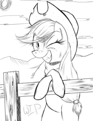 Size: 5100x6600 | Tagged: safe, artist:thethunderpony, applejack, g4, absurd resolution, cowboy hat, female, fence, hat, smiling, solo, sweat, wip