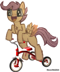 Size: 906x1080 | Tagged: safe, artist:neonwabbit, scootaloo, pegasus, pony, g4, chest fluff, female, filly, hoof hold, open mouth, simple background, smiling, solo, spread wings, transparent background, tricycle, wings