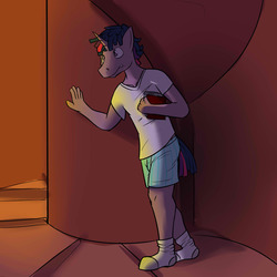 Size: 1280x1280 | Tagged: safe, artist:fuzebox, twilight sparkle, anthro, plantigrade anthro, g4, book, boxers, clothes, dusk shine, glowing, male, nervous, night, rule 63, shirt, socks, solo, stairs, underwear