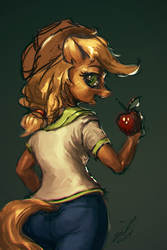 Size: 600x900 | Tagged: safe, artist:assasinmonkey, applejack, earth pony, anthro, g4, apple, clothes, equestria girls outfit, female, looking back, simple background, solo