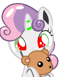 Size: 709x911 | Tagged: safe, artist:dtavs.exe, edit, sweetie belle, pony, robot, robot pony, unicorn, g4, cute, diasweetes, female, filly, foal, horn, red eyes, simple background, solo, sweetie bot, teddy bear, transparent background, weapons-grade cute