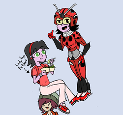 Size: 1187x1111 | Tagged: safe, artist:normal drawfag, normal norman, equestria girls, g4, background human, clothes, colored, costume, electro wave human tackle, humanized, kamen rider, kamen rider stronger, kate the ladybug