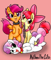 Size: 1488x1748 | Tagged: safe, artist:anibaruthecat, apple bloom, scootaloo, sweetie belle, earth pony, pegasus, pony, unicorn, comic:a different sort of pet, g4, collar, cover, cover art, cute, cutie mark crusaders, female, filly, foal, leash, looking at you, pet play, pet tag, scootapet, smiling, smiling at you, tongue out, trio, trio female