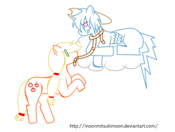 Size: 512x384 | Tagged: safe, artist:moonmitsukimoon, applejack, rainbow dash, pony, g4, accessory swap, accessory theft, cloud, colt meets mare, couple, female, half r63 shipping, lasso, lineart, mare, meeting, rainbow blitz, rule 63, ship:appleblitz, ship:appledash, shipping