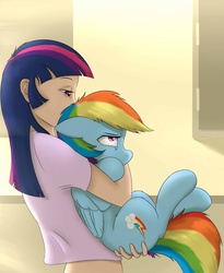 Size: 1476x1796 | Tagged: safe, artist:captainpudgemuffin, rainbow dash, twilight sparkle, human, pegasus, pony, g4, annoyed, captainpudgemuffin is trying to murder us, clothes, cropped, cuddling, cute, female, floppy ears, fluffy, glare, grumpy, grumpy dash, hand on butt, holding a pony, hug, human on pony snuggling, humanized, kitchen, lesbian, lidded eyes, mare, midriff, non-consensual cuddling, ship:twidash, shipping, short shirt, snuggling, t-shirt