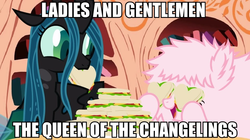 Size: 940x526 | Tagged: safe, queen chrysalis, oc, oc:fluffle puff, g4, image macro, meme, sandwich