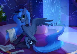 Size: 1920x1357 | Tagged: dead source, safe, artist:bonehoard, princess luna, alicorn, pony, g4, clothes, cute, diagram, female, indoors, looking at you, lunabetes, mare, plant, reading, scroll, sitting, socks, solo, voynich manuscript