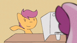 Size: 480x270 | Tagged: safe, artist:deadlycomics, cheerilee, scootaloo, g4, animated, brian regan, cup, cup of dirt, female, frame by frame, simple background, stupid in school, youtube link