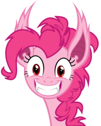 Size: 4800x6000 | Tagged: safe, artist:magister39, pinkie pie, bat pony, pony, bats!, g4, absurd resolution, bat ponified, creepy, fangs, female, grin, looking at you, pinkiebat, race swap, simple background, smiling, solo, transparent background, vector