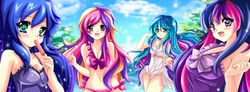 Size: 887x328 | Tagged: safe, artist:abbyc26, princess cadance, princess celestia, princess luna, twilight sparkle, human, g4, alicorn tetrarchy, anime, belly button, bikini, breasts, busty twilight sparkle, clothes, dress, female, food, humanized, popsicle, side-tie bikini, swimsuit, twilight sparkle (alicorn)