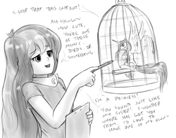 Size: 967x761 | Tagged: safe, artist:alloyrabbit, princess celestia, princess luna, vice principal luna, equestria girls, g4, cage, clipboard, dialogue, micro, monochrome, pen, poking, size difference, spread wings