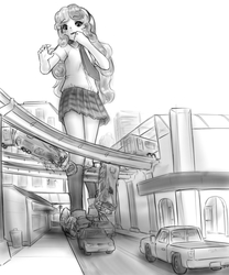 Size: 1103x1328 | Tagged: safe, artist:alloyrabbit, sweetie belle, human, g4, bus, car, city, destruction, female, giantess, grayscale, humanized, macro, monochrome, solo, train, wavy mouth, worried