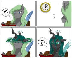 Size: 1024x819 | Tagged: safe, artist:no-shining-knight, queen chrysalis, changeling, changeling queen, g4, clock, comic, disguise, disguised changeling, music notes, solo, speech bubble, transformation