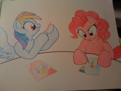 Size: 1600x1200 | Tagged: safe, artist:badgerben, pinkie pie, rainbow dash, g4, butt, colored pencil drawing, coloring, plot, traditional art