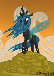 Size: 2480x3508 | Tagged: safe, artist:dragonfunk7, queen chrysalis, tom, changeling, changeling queen, g4, crown, fangs, female, high res, jewelry, regalia, transparent wings, wings