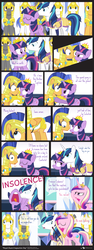 Size: 840x2243 | Tagged: safe, artist:dm29, flash sentry, princess cadance, shining armor, twilight sparkle, alicorn, pony, g4, armor, comic, crystal castle, eye contact, eyes closed, female, femdom, frown, glare, magic, male, mare, new crown, open mouth, pointing, poking, riding crop, royal guard, salute, ship:flashlight, shipping, smiling, straight, telekinesis, twilight sparkle (alicorn), wide eyes, yelling