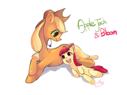 Size: 800x600 | Tagged: safe, artist:fffiesta, apple bloom, applejack, earth pony, pony, g4, :d, adorabloom, cute, female, filly, jackabetes, mare, open mouth, prone, siblings, simple background, sisters, smiling, volumetric mouth, white background
