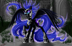 Size: 5500x3500 | Tagged: safe, artist:metalbladepegasus, nightmare moon, g4, absurd resolution, fangs, female, grin, raised hoof, solo, spread wings