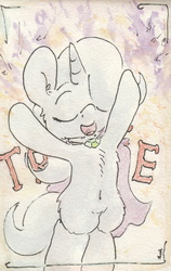 Size: 675x1066 | Tagged: safe, artist:slightlyshade, trixie, pony, g4, belly button, bipedal, cape, clothes, eyes closed, female, solo, traditional art