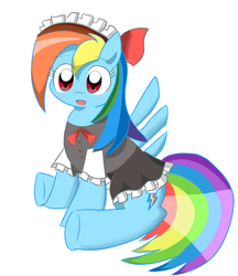 Size: 2193x2537 | Tagged: safe, artist:timorikawa, rainbow dash, g4, clothes, female, high res, maid, pixiv, simple background, sitting, solo