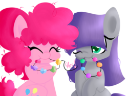 Size: 1280x960 | Tagged: safe, artist:ask-the-fillyfriends, maud pie, pinkie pie, earth pony, pony, g4, ask-the-fillyfriends, candy, cute, diapinkes, female, filly, happy, maudabetes, rock candy necklace, simple background, smiling, solo, transparent background, tumblr, when she smiles, younger