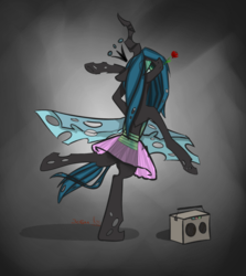 Size: 844x946 | Tagged: safe, artist:fallayn, queen chrysalis, changeling, changeling queen, g4, adorkable, ballet, bipedal, boombox, clothes, cute, cutealis, dork, female, mouth hold, rose, tutu