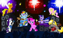Size: 801x481 | Tagged: safe, applejack, derpy hooves, fluttershy, pinkie pie, rainbow dash, rarity, twilight sparkle, oc, pony, g4, bipedal, cape, clothes, drink, drums, eyes closed, flockdraw, glass, guitar, hat, keyboard, light, mane six, microphone, music, musical instrument, performance, singing, stage