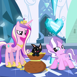 Size: 1635x1635 | Tagged: safe, artist:magerblutooth, diamond tiara, princess cadance, oc, oc:dazzle, cat, g4, bits, crystal heart