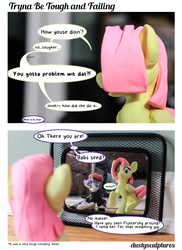 Size: 2000x2750 | Tagged: safe, artist:dustysculptures, fluttershy, rarity, g4, alternate hairstyle, beatnik rarity, beret, clothes, comic, dialogue, hat, high res, irl, mirror, photo, sculpture, startled