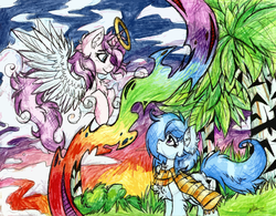 Size: 2178x1695 | Tagged: safe, artist:php166, oc, oc only, oc:freckles, oc:nyla, alicorn, angel, earth pony, pony, alicorn oc, cloud, cloudy, horn, rainbow, sky, sunset, tree, wings