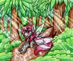 Size: 1623x1366 | Tagged: safe, artist:php166, oc, oc only, changeling, female, forest, horn, mare, red changeling, solo, tree, wings