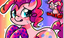 Size: 1046x618 | Tagged: safe, pinkie pie, g4, black outlines, blush sticker, blushing, clothes, duality, full body, outline, sitting, socks, sweat, sweatdrop, white outline