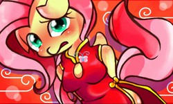 Size: 512x308 | Tagged: safe, artist:miki 14, fluttershy, anthro, g4, blushing, cheongsam, clothes