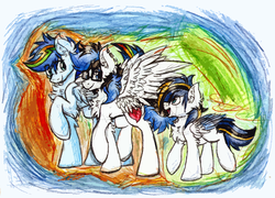 Size: 2088x1505 | Tagged: safe, artist:php166, oc, oc only, oc:frozen soul, oc:paper wings, oc:secret chord, pony, colt, family, gay, male, oc x oc, stallion