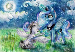 Size: 1075x744 | Tagged: safe, artist:dearmary, princess luna, oc, g4, accolade, grass, knighting, night, pencil drawing, sword, traditional art