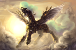 Size: 3035x2028 | Tagged: safe, artist:audrarius, princess celestia, alicorn, pony, g4, armor, backlighting, badass, cloud, cloudy, female, glare, high res, looking at you, mare, praise the sun, raised hoof, sol invictus, solo, spread wings, warrior celestia