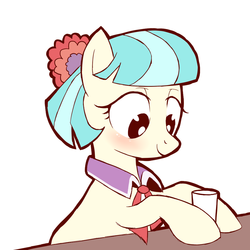 Size: 1000x1000 | Tagged: safe, artist:coma392, coco pommel, earth pony, pony, g4, blushing, cocobetes, cup, cute, female, hoof hold, mare, pixiv, simple background, smiling, solo, white background