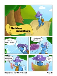 Size: 1650x2200 | Tagged: safe, artist:sewlde, trixie, pony, unicorn, g4, comic, female, mare, saddle bag, scroll, solo