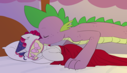 Size: 1301x752 | Tagged: safe, artist:carnifex, rarity, spike, dragon, pony, unicorn, g4, bed, blindfold, cheek kiss, duo, eyes closed, female, hair curlers, kissing, male, older, older spike, on side, ship:sparity, shipping, sleep mask, sleeping, smiling, straight