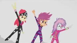 Size: 1024x570 | Tagged: safe, screencap, apple bloom, scootaloo, sweetie belle, equestria girls, g4, my little pony equestria girls: rainbow rocks, cutie mark crusaders, devil horn (gesture), grin, pointing, show stopper outfits, smiling, under our spell, youtube link