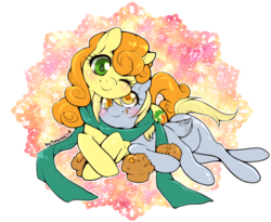 Size: 1100x900 | Tagged: safe, artist:chocoberrylollipop, carrot top, derpy hooves, golden harvest, pegasus, pony, g4, blushing, clothes, cuddling, duo, female, lesbian, mare, muffin, scarf, shared clothing, shared scarf, ship:derpytop, shipping, simple background, snuggling, transparent background