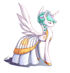 Size: 1000x1032 | Tagged: safe, artist:grasspainter, princess celestia, alicorn, pony, g4, alternate hairstyle, clothes, cute, cutelestia, dress, eye clipping through hair, eyes closed, female, hoof shoes, simple background, smiling, solo, spread wings, white background