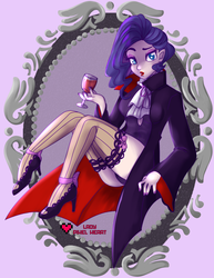 Size: 2975x3850 | Tagged: safe, artist:ladypixelheart, rarity, human, vampire, g4, clothes, cosplay, dracula, high heels, high res, humanized, lipstick, panties, purple underwear, socks, thigh highs, underwear, wine